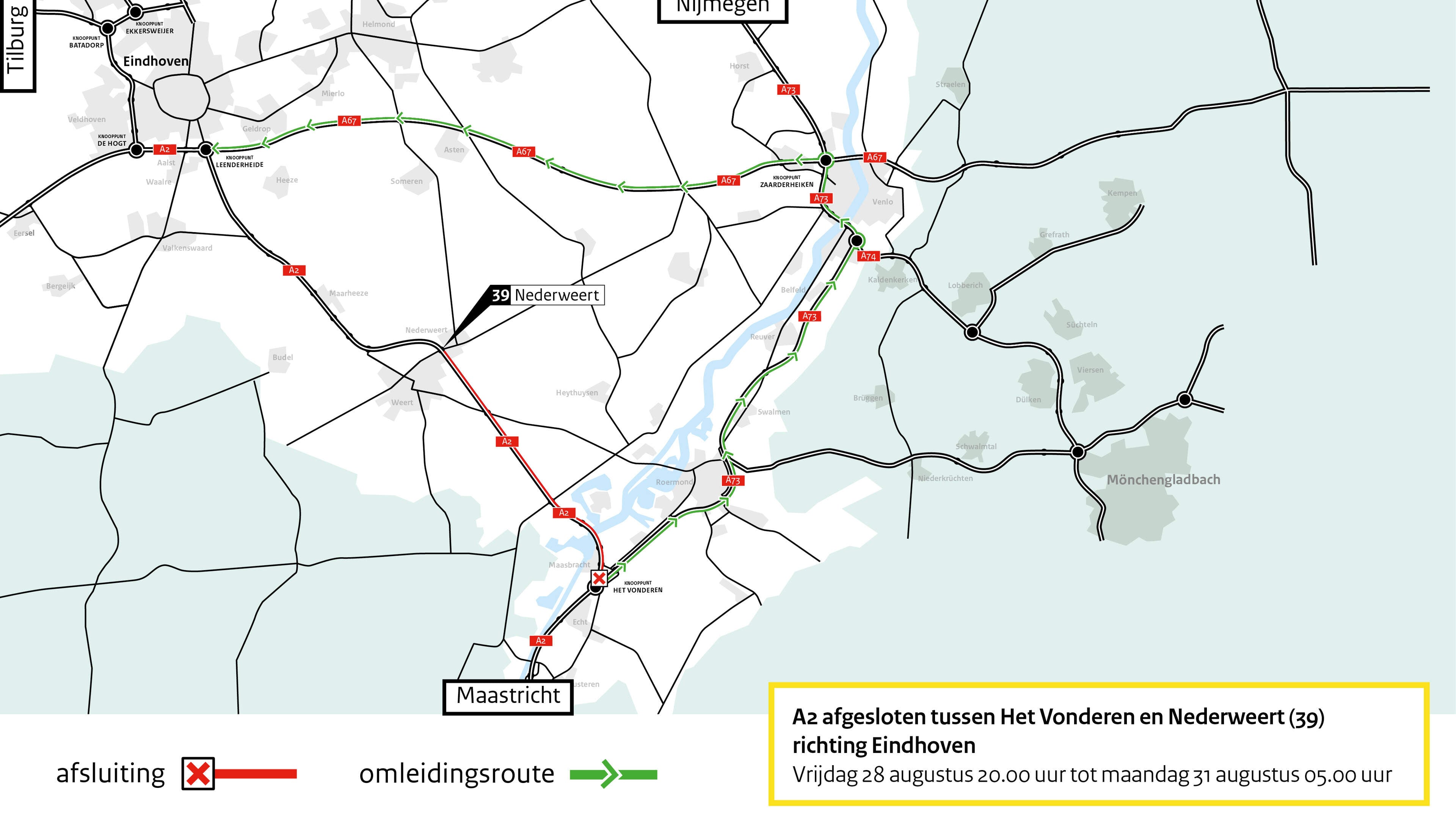 A2 weekendafsluiting tussen Echt en Nederweert (richting Eindhoven)
