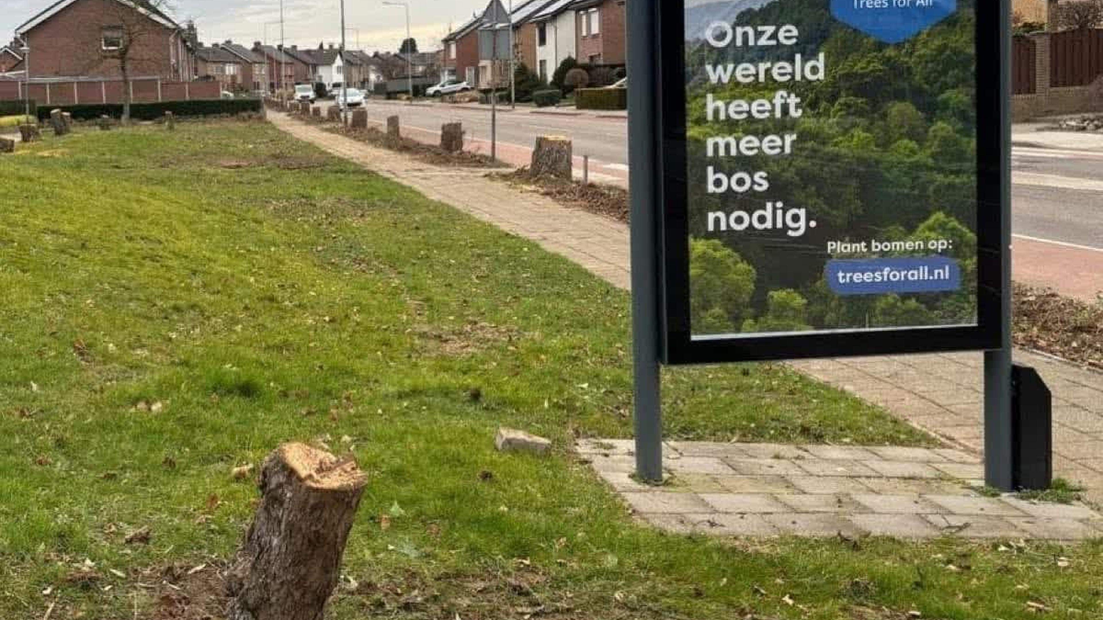 Lachen op Dumpert: reclameposter in Elsloo roept om ‘meer bos’, eromheen zijn alle bomen gekapt