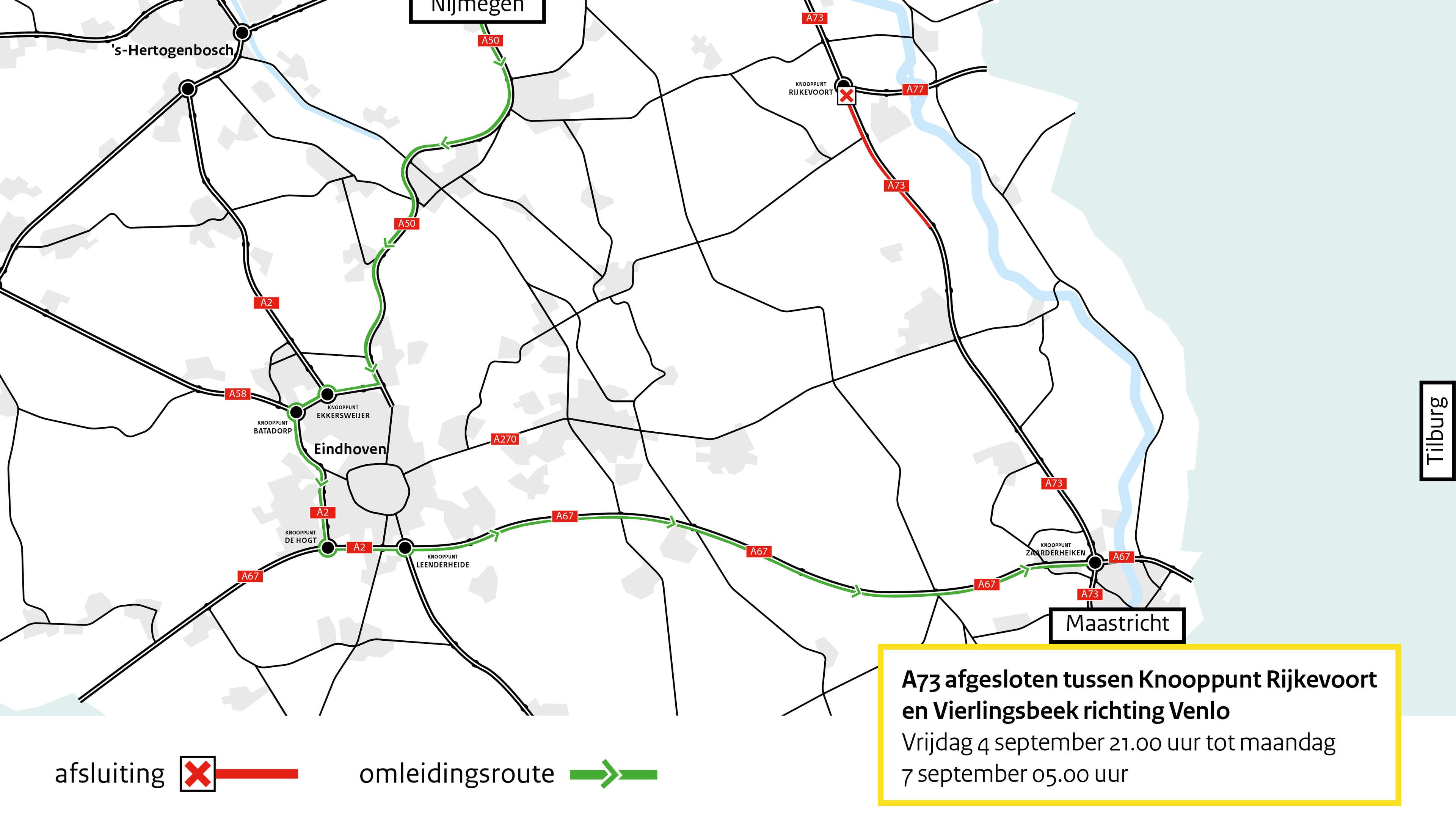 Afsluiting A73 tussen Boxmeer en Vierlingsbeek in richting van Venlo