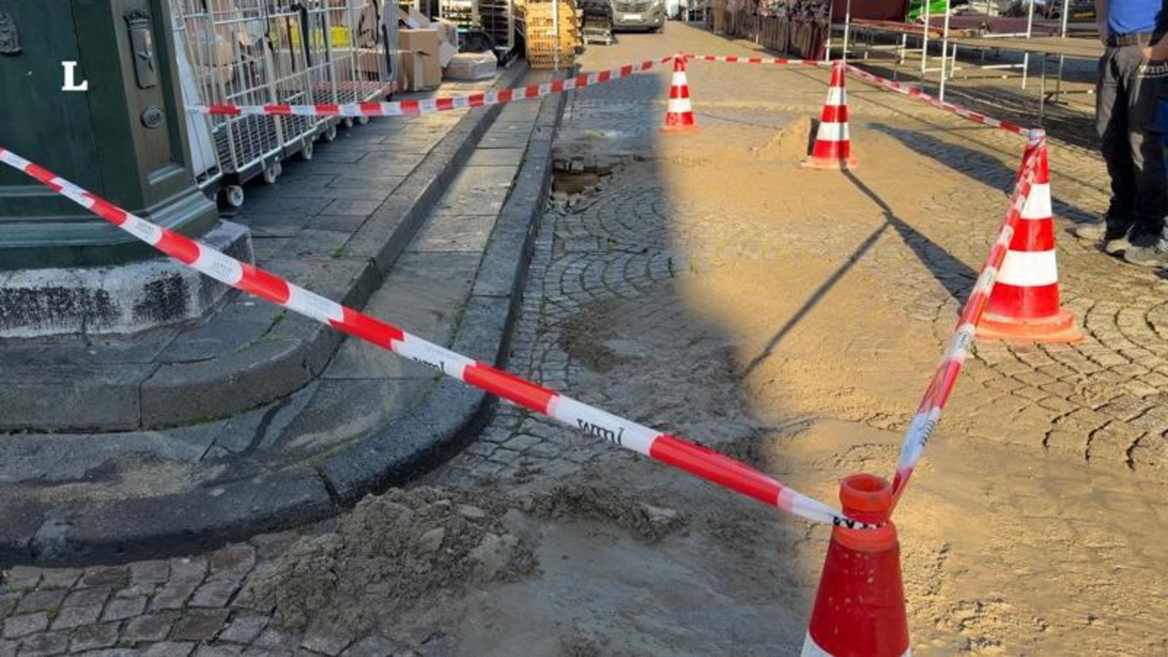 Waterschade op Markt Maastricht door lek in hoofdwaterleiding
