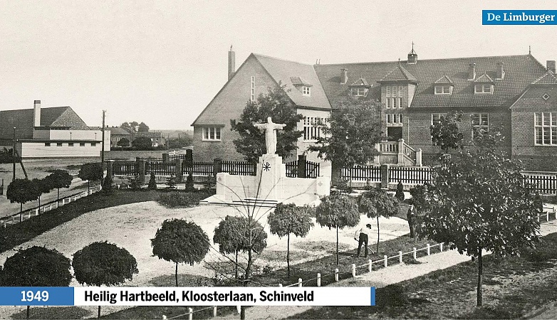 Kloosterlaan in Schinveld: alleen het Heilig Hartbeeld heeft hier de slopershamer overleefd