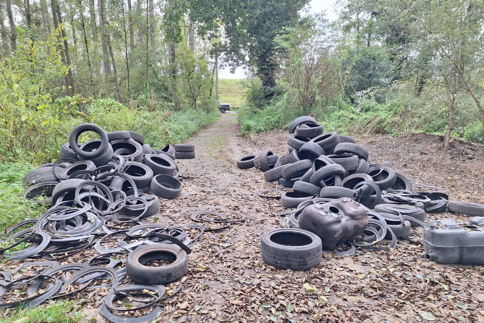 Grote hoop banden gedumpt op twee plekken in natuurgebied Elsloo