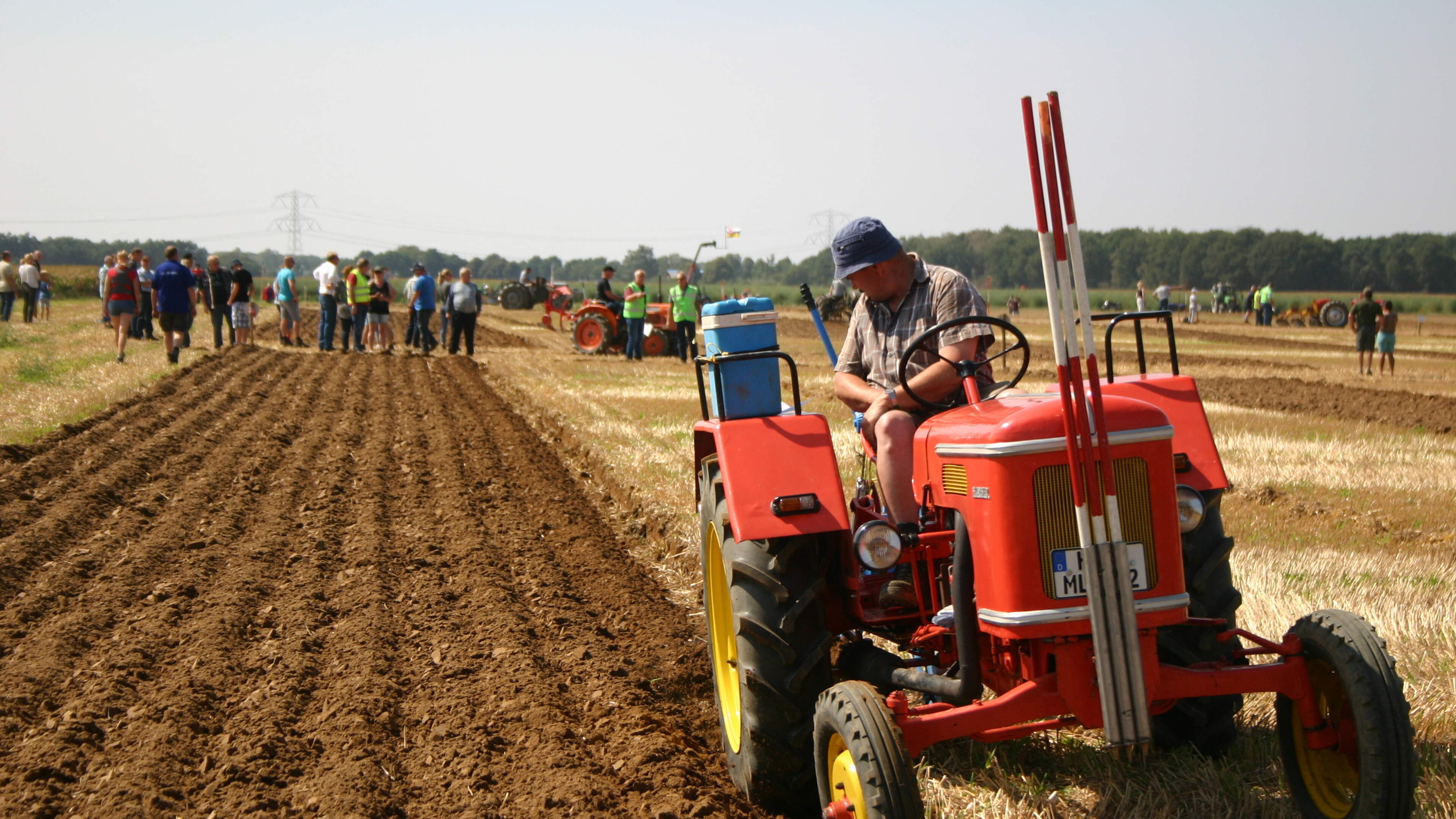 Ploegwedstrijd met historische en moderne tractoren, paard en ploeg