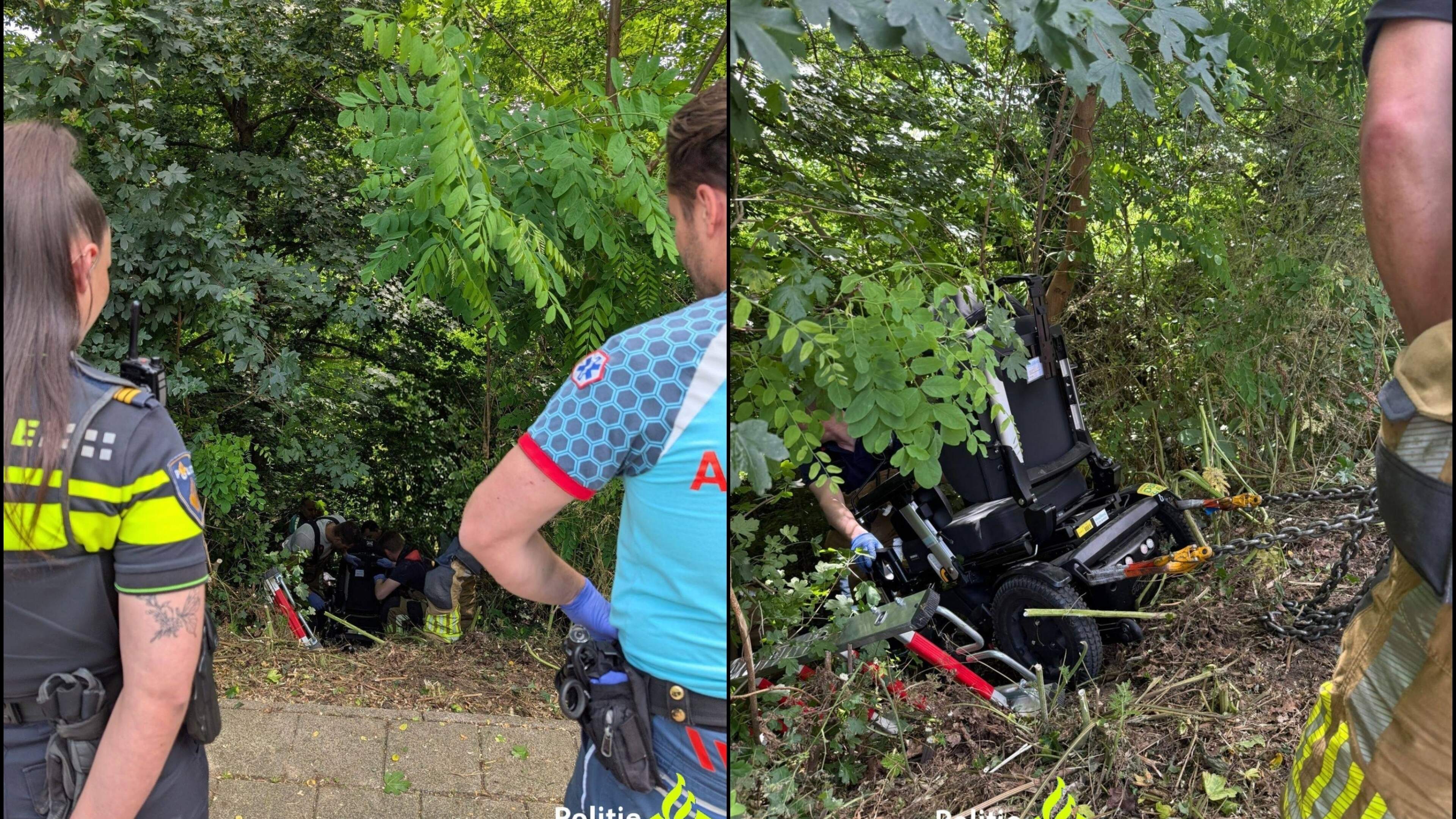 Man in rolstoel wil beleefd uitwijken voor voetganger en rijdt talud af in Urmond: brandweer schiet 
